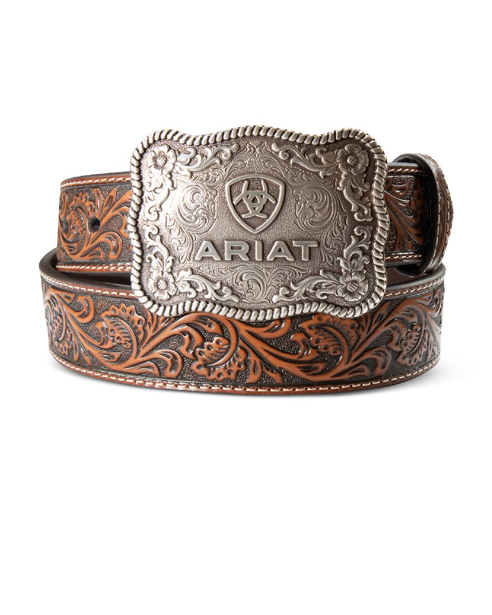 Brown coloured Ariat Leather Cow Buckle Belt on white background 
