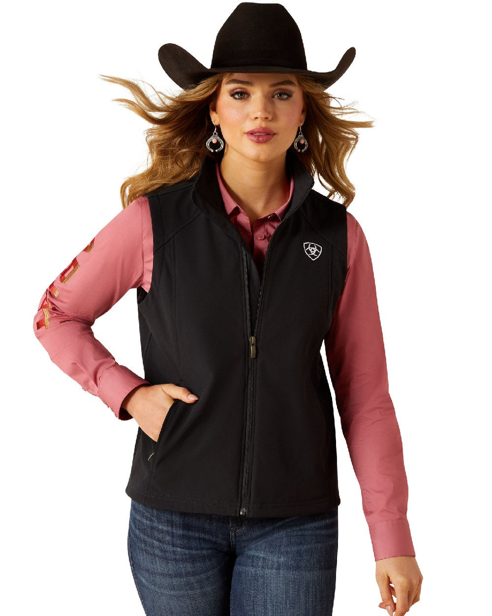 Black coloured Ariat Womens Logo Softshell Vest on white background 
