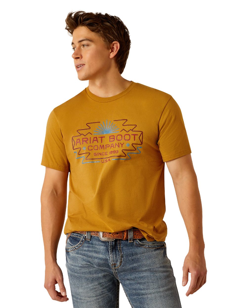 Harvest Gold coloured Ariat Mens Amigo T-Shirt on white background 