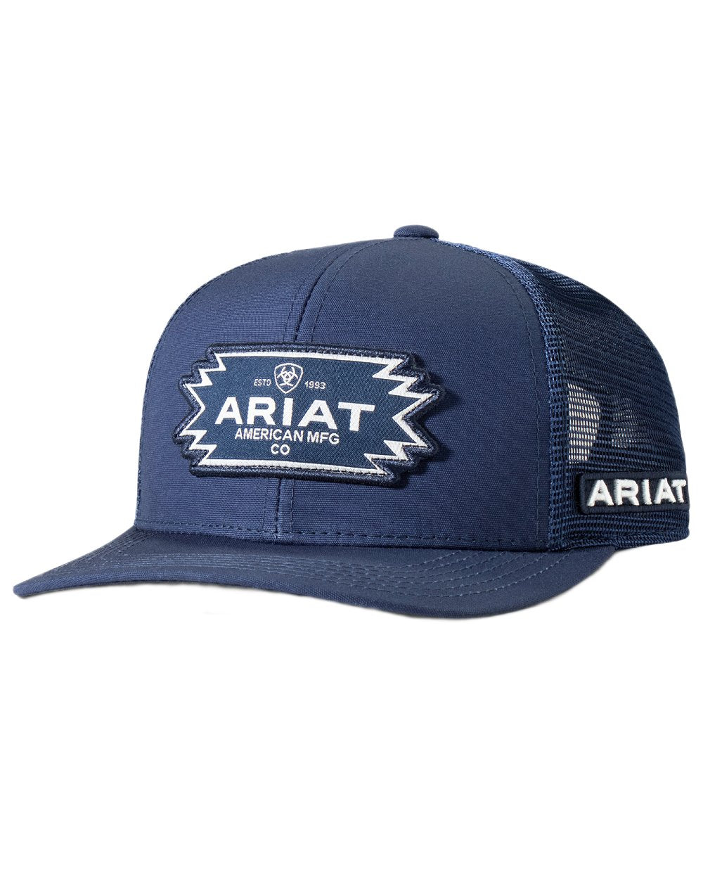 Navy coloured Ariat Mens Aztec Logo Patch Cap on white background 