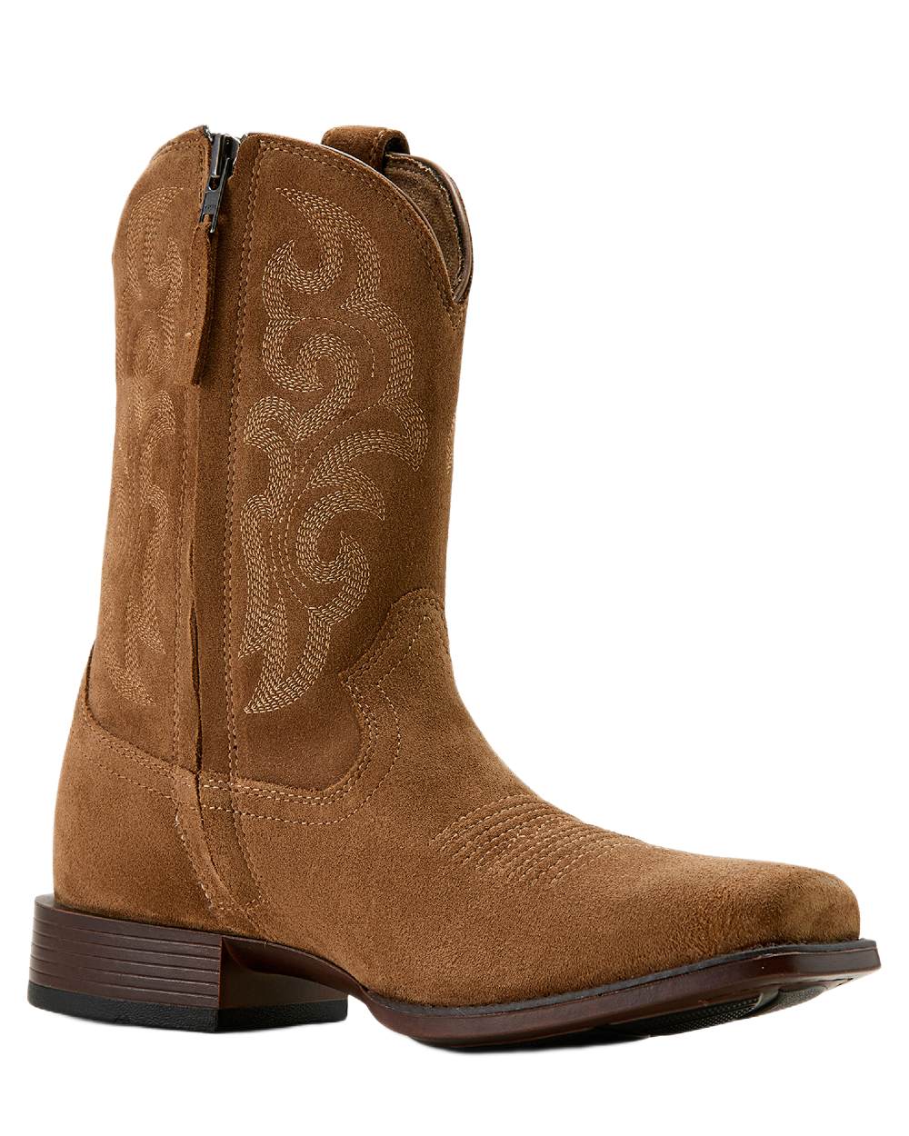 Chestnut Suede coloured Ariat Mens Bodie Square Toe Western Boots on white background 