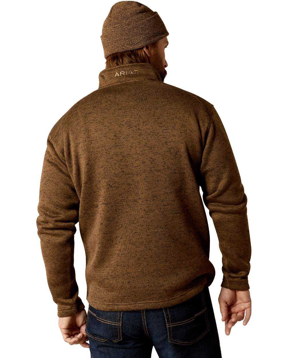 Dark Brown Heather coloured Ariat Mens Caldwell Logo 1/4 Zip Sweater on white background 