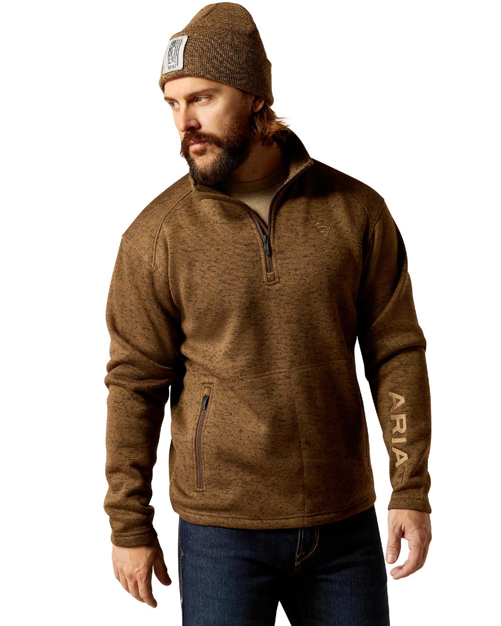 Dark Brown Heather coloured Ariat Mens Caldwell Logo 1/4 Zip Sweater on white background 