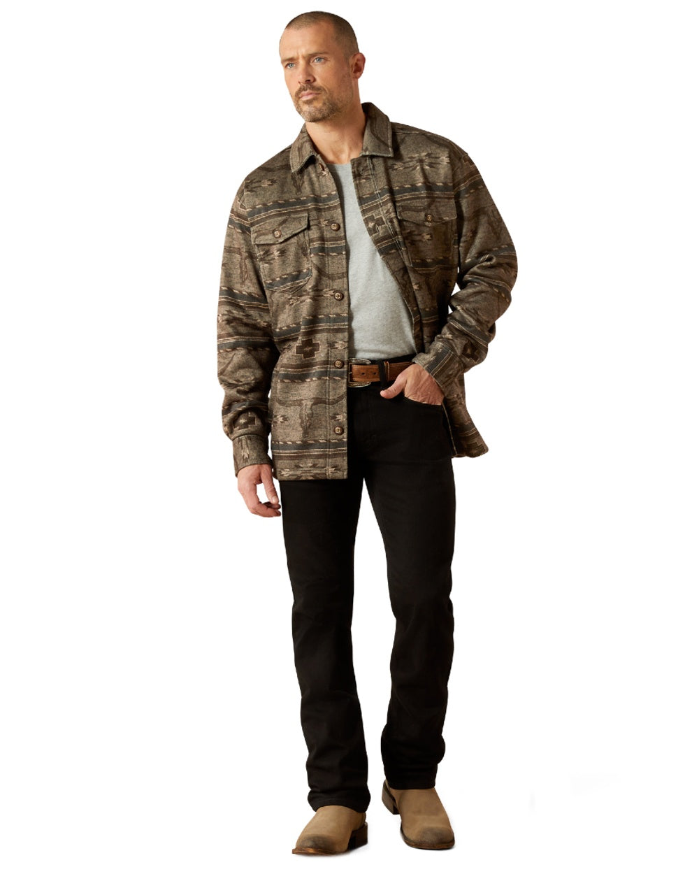 Beige Coloured Ariat Mens Caldwell Printed Shirt Jacket on white background 