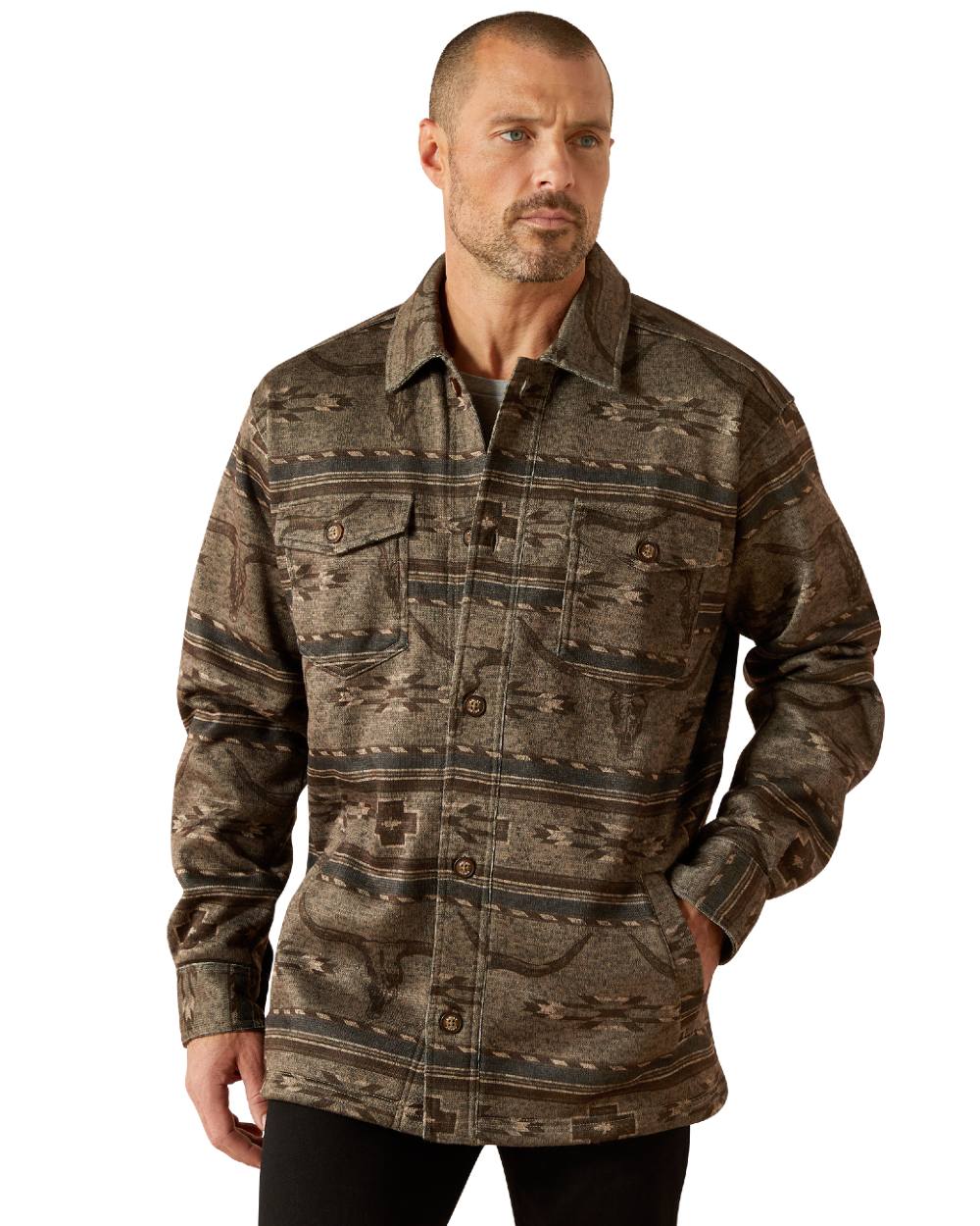 Beige Coloured Ariat Mens Caldwell Printed Shirt Jacket on white background 