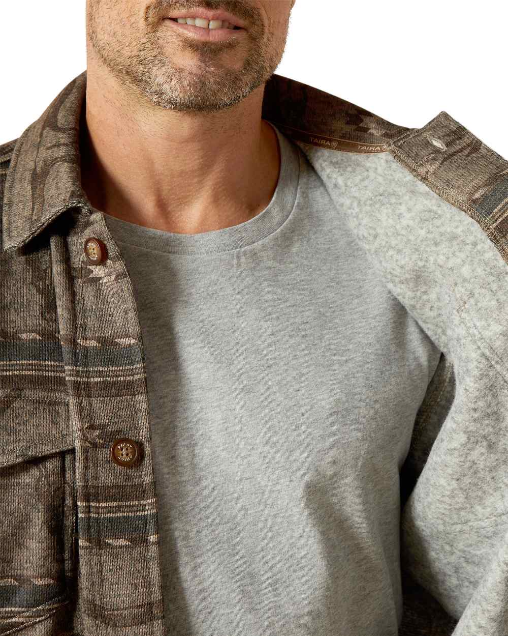 Beige Coloured Ariat Mens Caldwell Printed Shirt Jacket on white background 