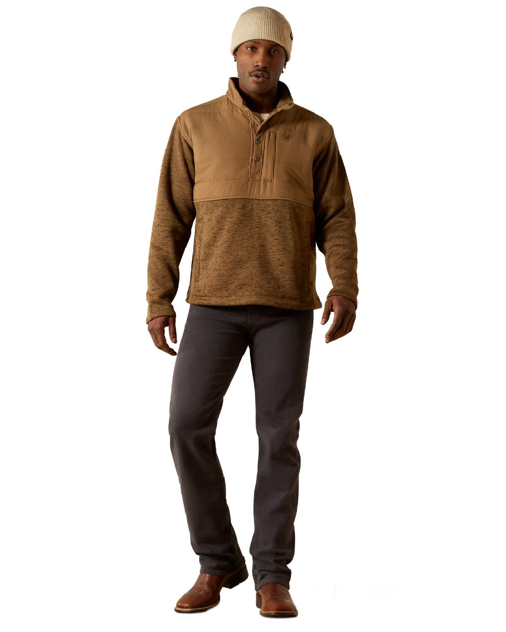 Khaki Coloured Ariat Mens Caldwell Reinforced Snap Sweater on white background 