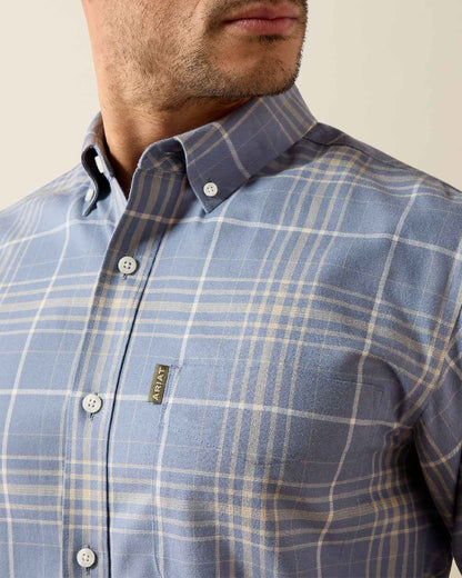Soft Blue Plaid coloured Ariat Mens Clement Long Sleeve Shirt on white background 