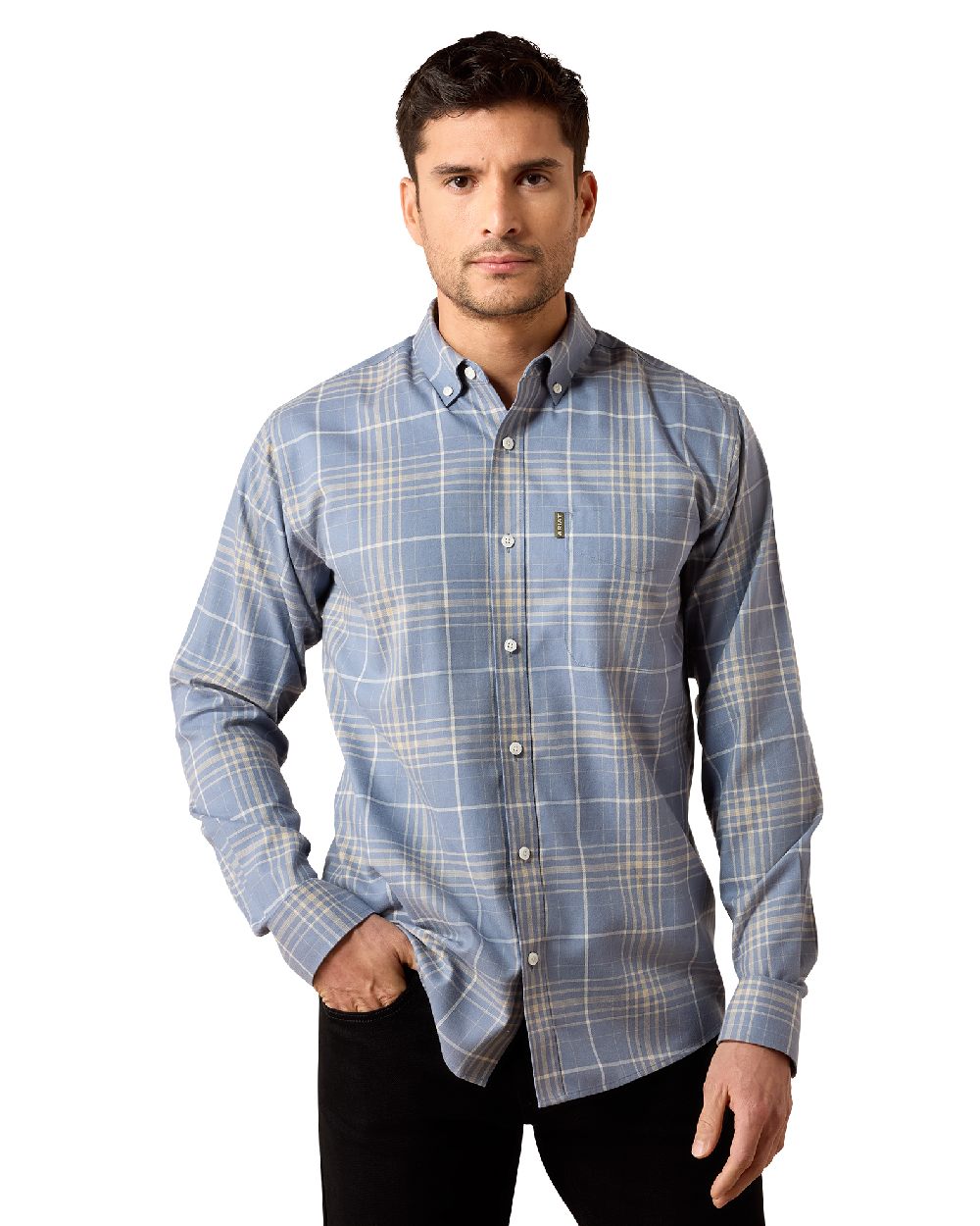 Soft Blue Plaid coloured Ariat Mens Clement Long Sleeve Shirt on white background 