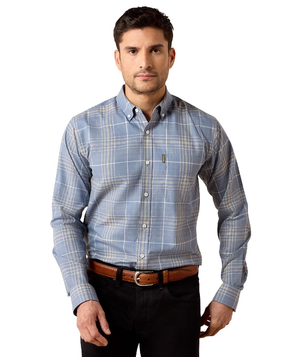 Soft Blue Plaid coloured Ariat Mens Clement Long Sleeve Shirt on white background 