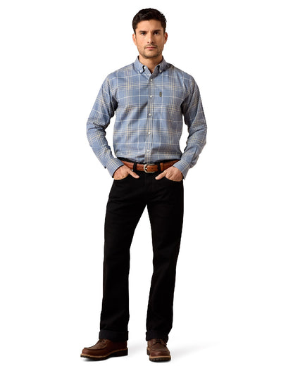 Soft Blue Plaid coloured Ariat Mens Clement Long Sleeve Shirt on white background 