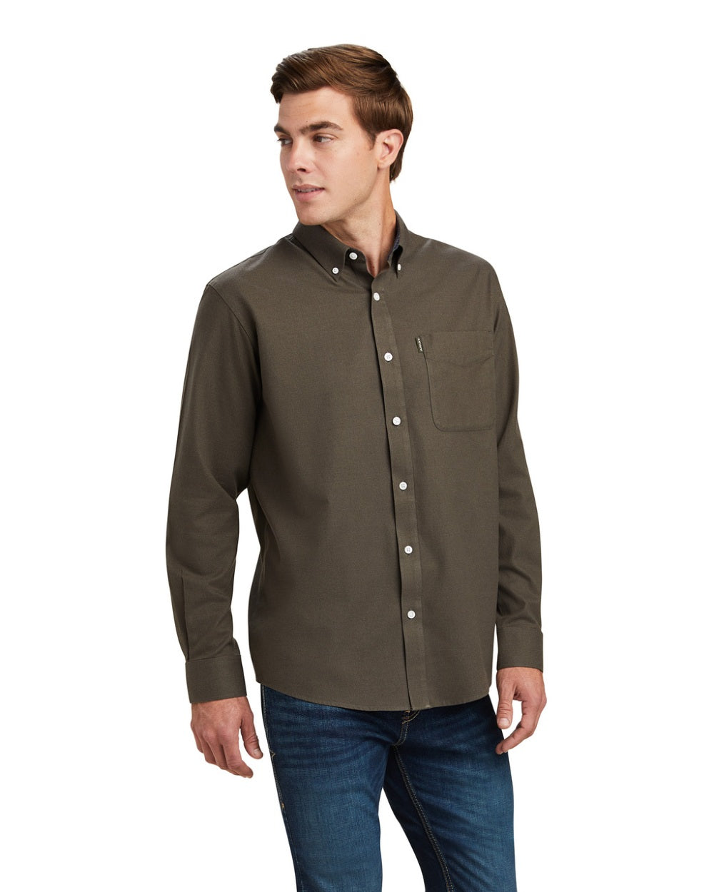 Earth Heather coloured Ariat Mens Clement Long Sleeve Shirt on white background 