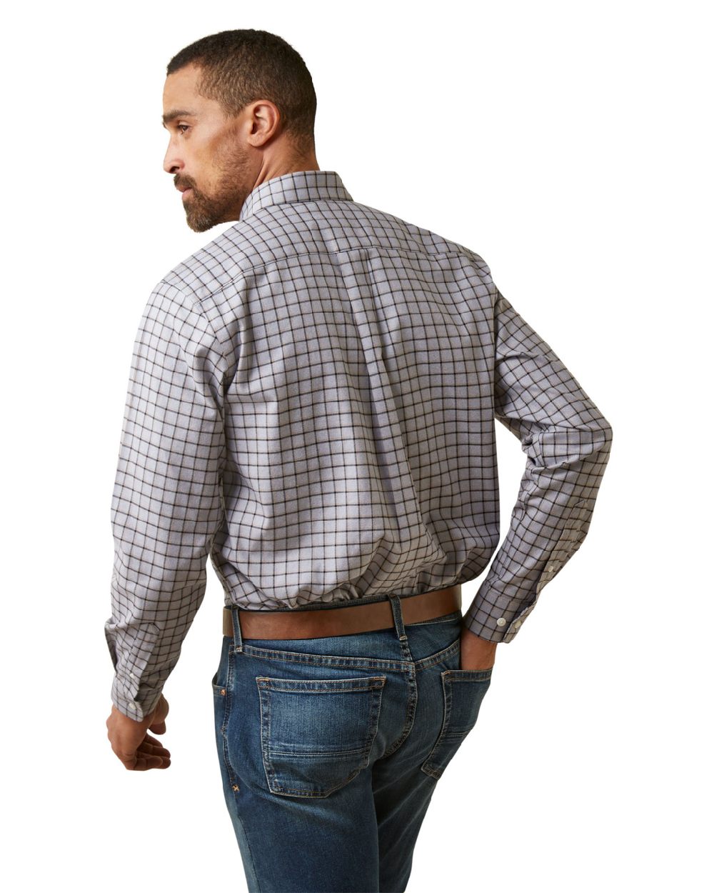 Grey Check coloured Ariat Mens Clement Long Sleeve Shirt on white background 