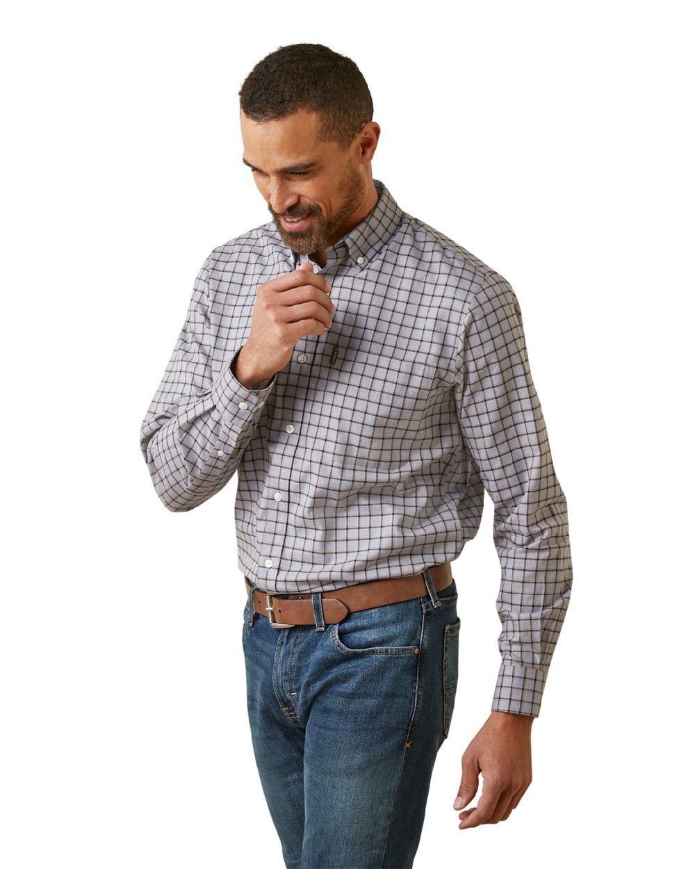 Grey Check coloured Ariat Mens Clement Long Sleeve Shirt on white background 