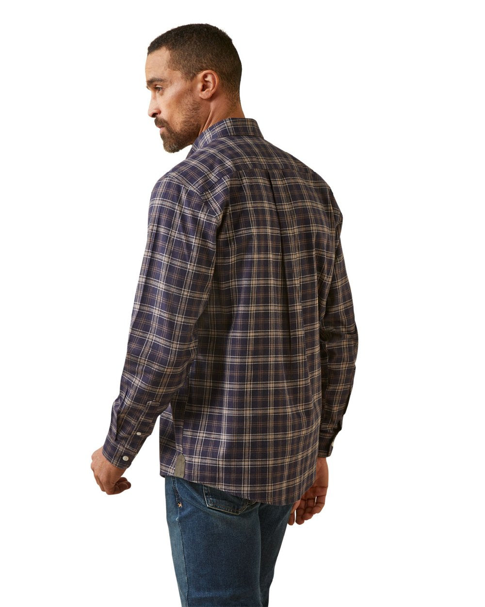 Navy Plaid coloured Ariat Mens Clement Long Sleeve Shirt on white background 