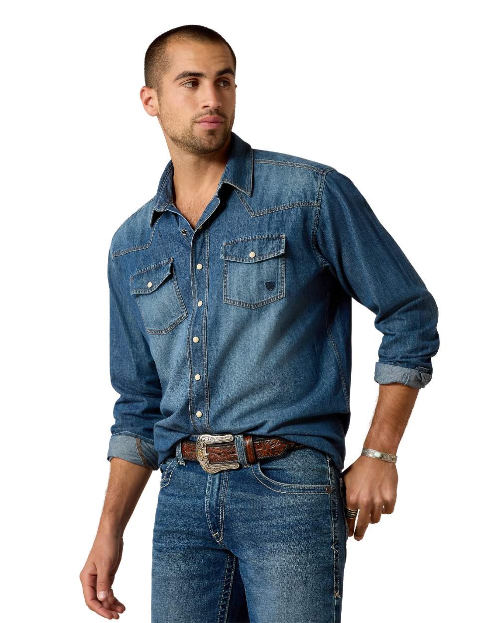 Stone Coloured Ariat Mens Denim Retro Fit Shirt on white background 