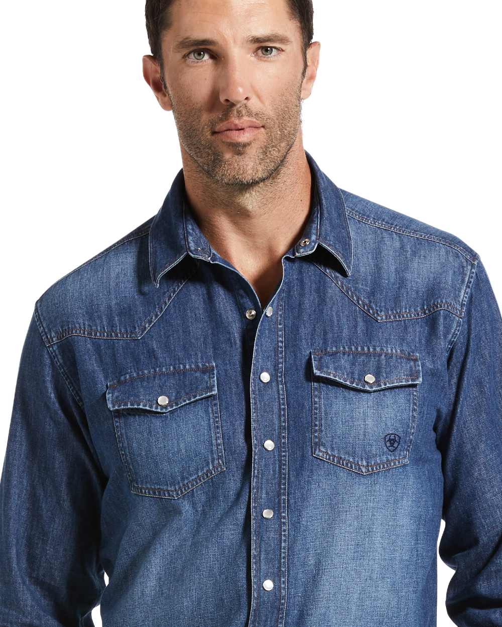 Stone Coloured Ariat Mens Denim Retro Fit Shirt on white background 