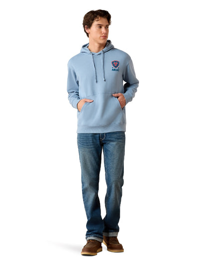 Light Denim coloured Ariat Mens Freedom Eagle Hoodie on white background 