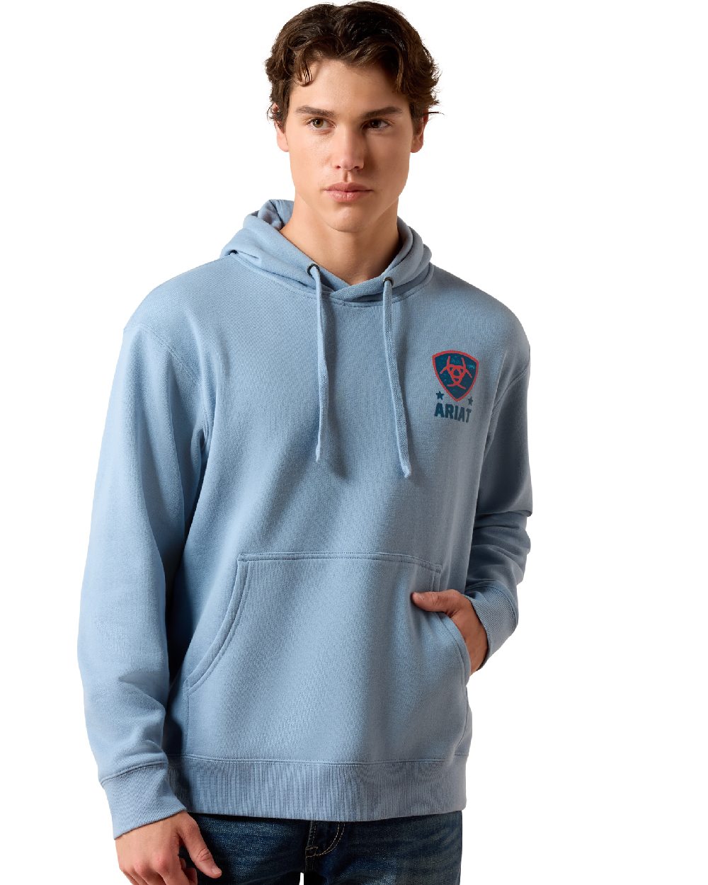 Light Denim coloured Ariat Mens Freedom Eagle Hoodie on white background 