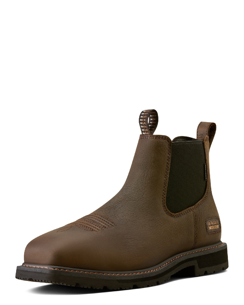 Dark Brown coloured Ariat Mens Groundrancher Chelsea Wide Square Toe Steel Toe Work Boots on white background 