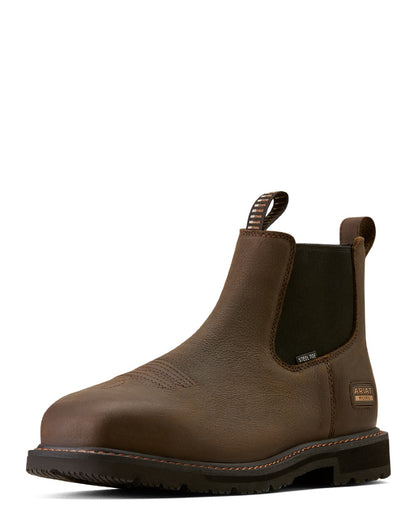 Dark Brown coloured Ariat Mens Groundrancher Chelsea Wide Square Toe Steel Toe Work Boots on white background 
