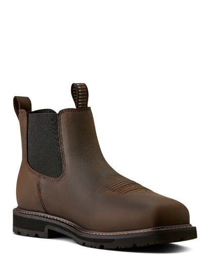 Dark Brown coloured Ariat Mens Groundrancher Chelsea Wide Square Toe Steel Toe Work Boots on white background 