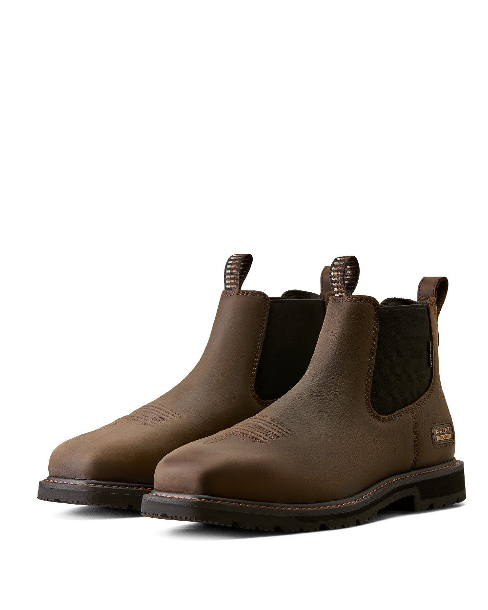 Dark Brown coloured Ariat Mens Groundrancher Chelsea Wide Square Toe Steel Toe Work Boots on white background 