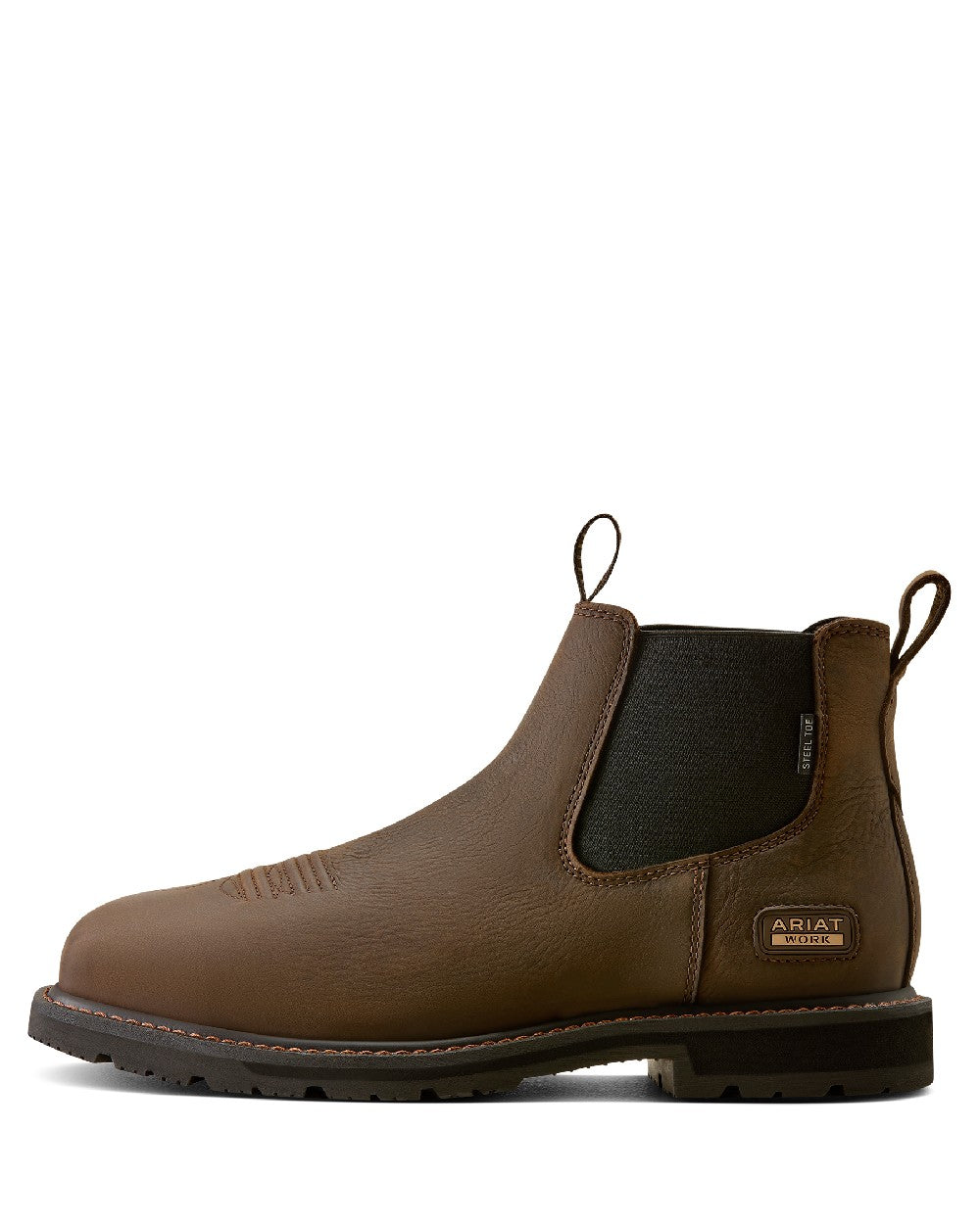 Dark Brown coloured Ariat Mens Groundrancher Chelsea Wide Square Toe Steel Toe Work Boots on white background 