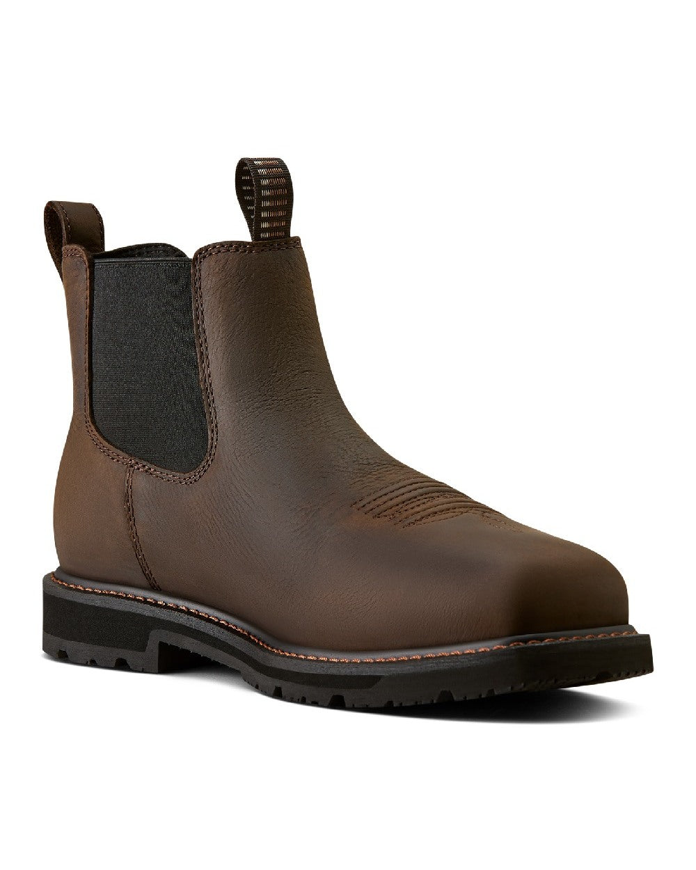 Dark Brown coloured Ariat Mens Groundrancher Chelsea Wide Square Toe Steel Toe Work Boots on white background 