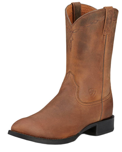 Distressed Brown coloured Ariat Mens Heritage Roper Cowboy Boots on white background 