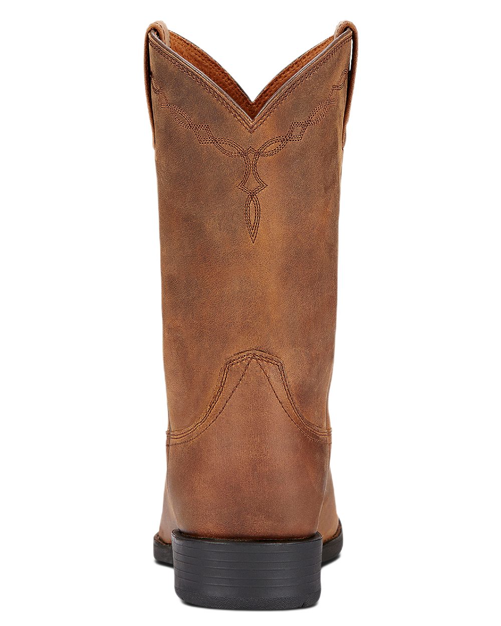 Distressed Brown coloured Ariat Mens Heritage Roper Cowboy Boots on white background 