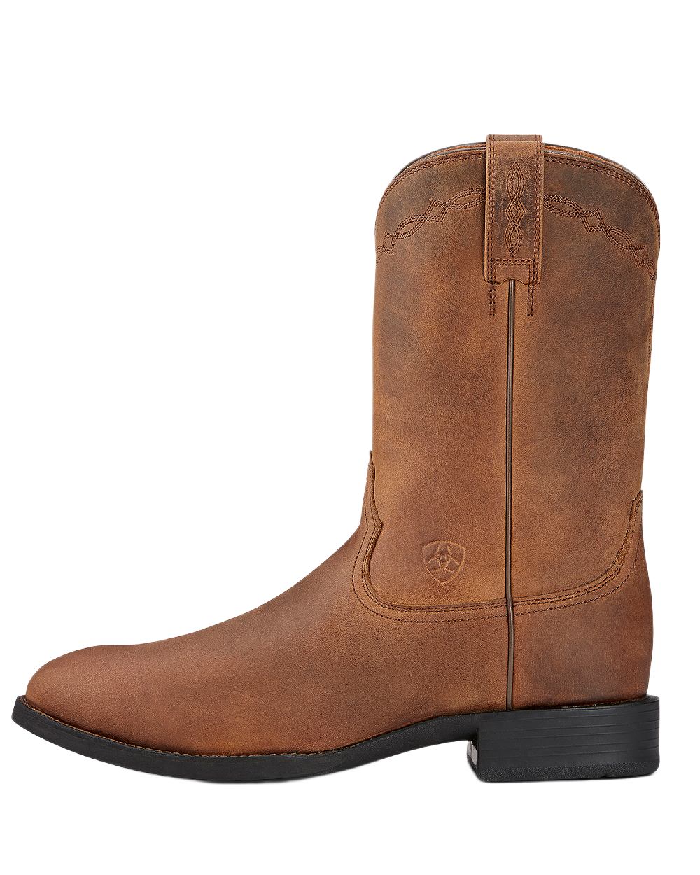 Distressed Brown coloured Ariat Mens Heritage Roper Cowboy Boots on white background 