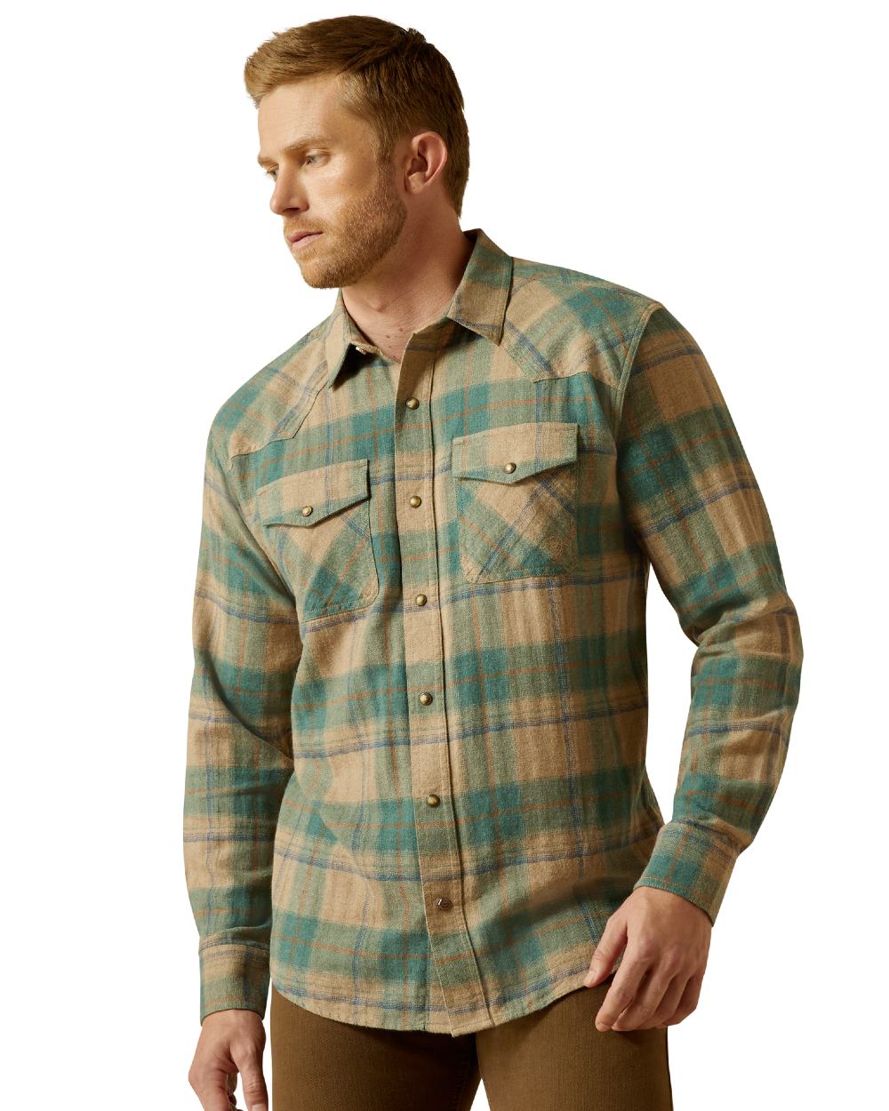 Deep Teal Coloured Ariat Mens Huxlee Retro Fit Shirt on white background 