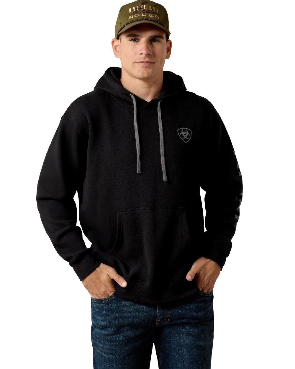 Black Coloured Ariat Mens Logo Hoodie on White Background 
