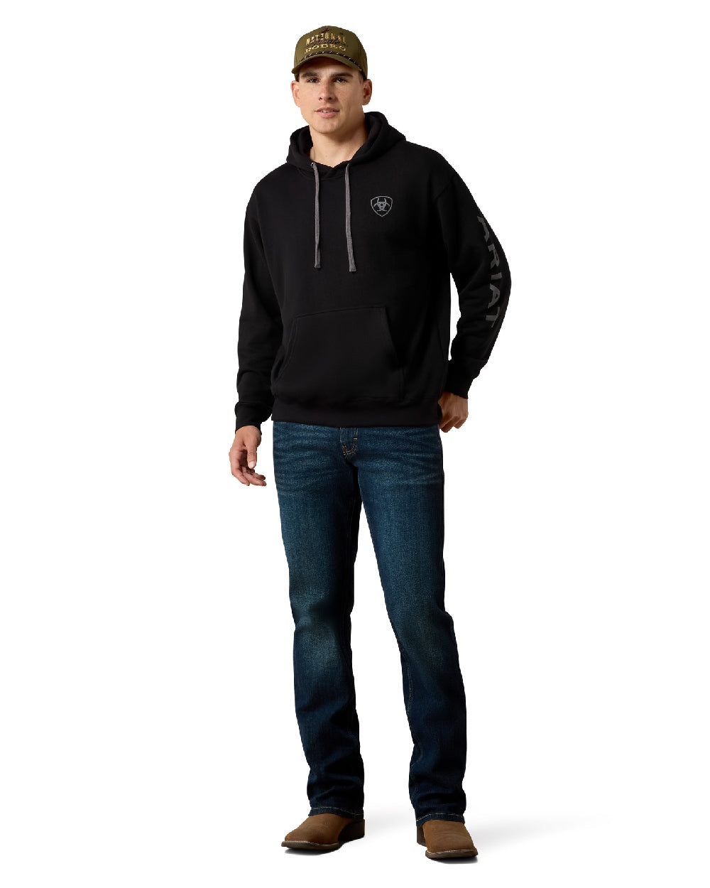 Black Coloured Ariat Mens Logo Hoodie on White Background 