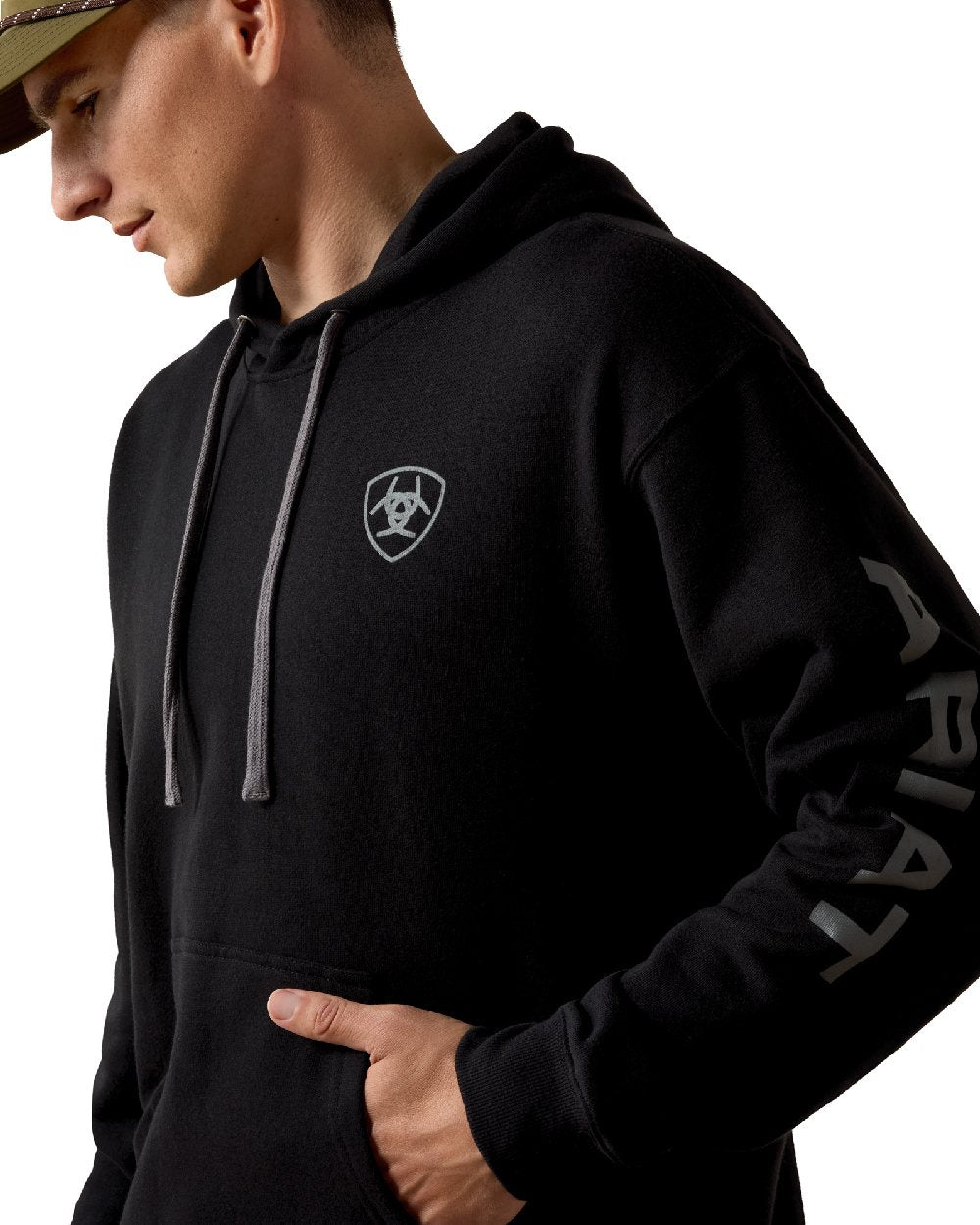 Black Coloured Ariat Mens Logo Hoodie on White Background 