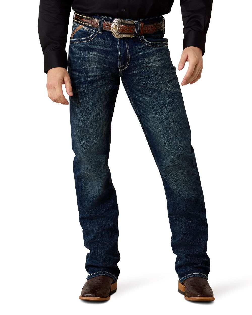 Turnout coloured Ariat Mens M4 Relaxed Adkins Boot Cut Jeans on white background 