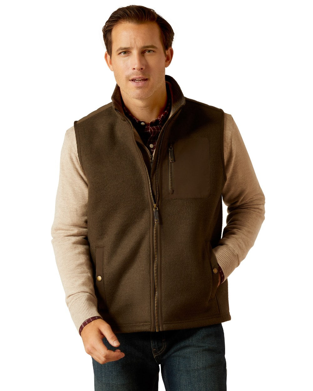 Earth coloured Ariat Mens Millbrae Gilet on white background 