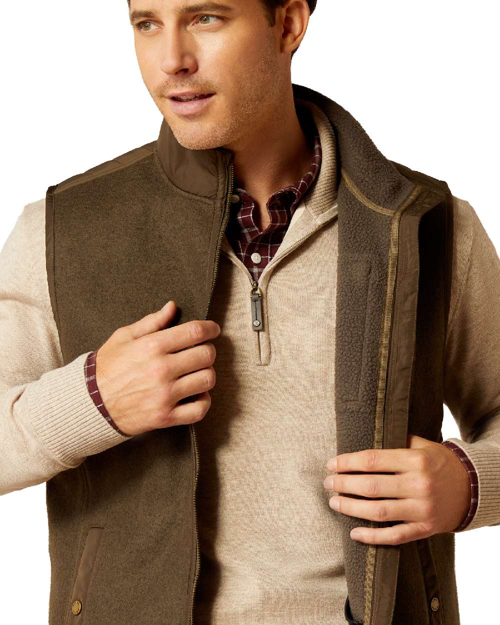 Earth coloured Ariat Mens Millbrae Gilet on white background 