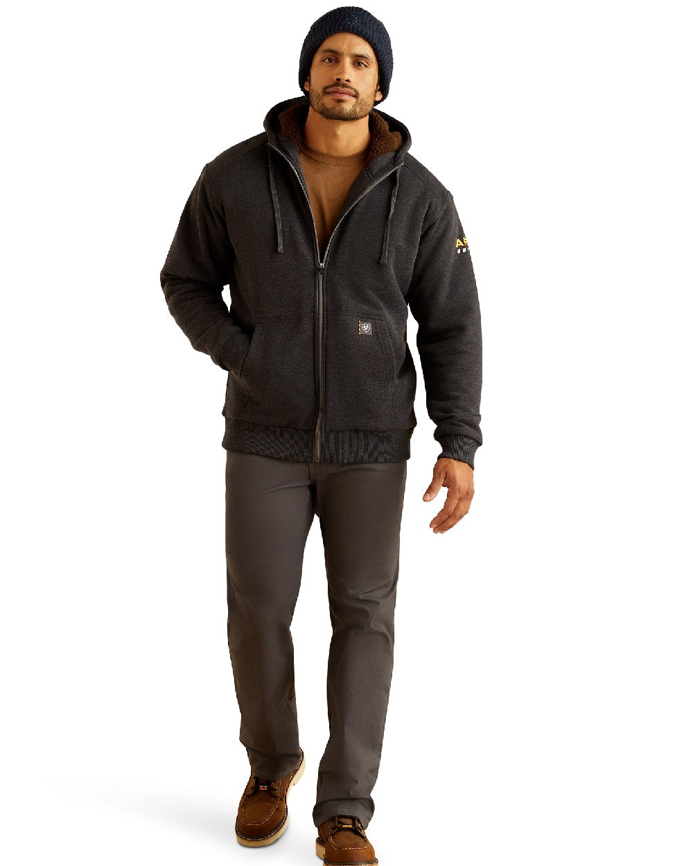 Charcoal Heater coloured Ariat Mens Rebar All-Weather Sherpa-Lined Full Zip Hoodie on white background 
