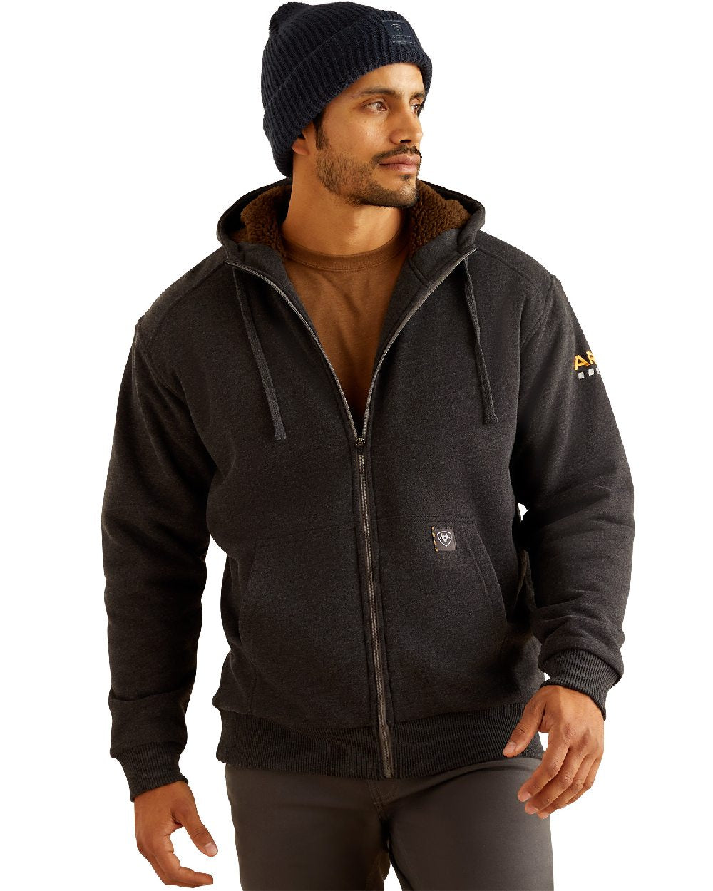 Charcoal Heater coloured Ariat Mens Rebar All-Weather Sherpa-Lined Full Zip Hoodie on white background 