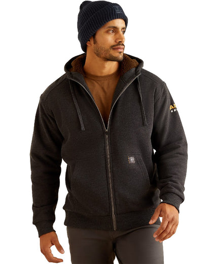 Charcoal Heater coloured Ariat Mens Rebar All-Weather Sherpa-Lined Full Zip Hoodie on white background 