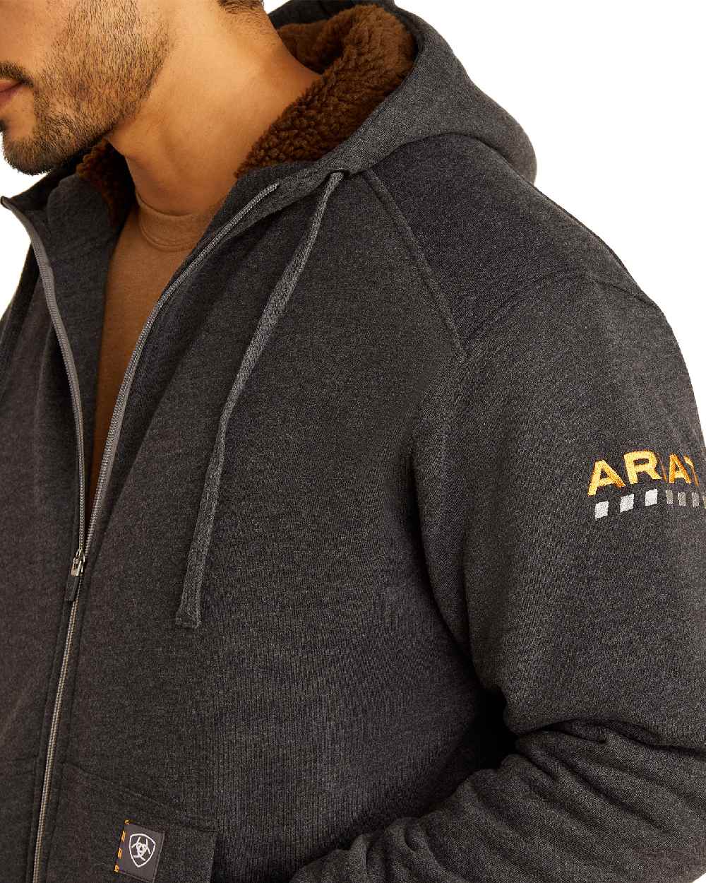 Charcoal Heater coloured Ariat Mens Rebar All-Weather Sherpa-Lined Full Zip Hoodie on white background 