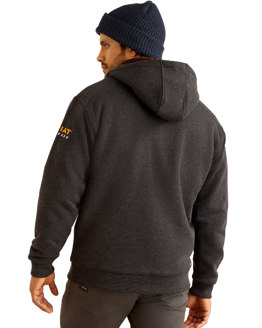 Charcoal Heater coloured Ariat Mens Rebar All-Weather Sherpa-Lined Full Zip Hoodie on white background 