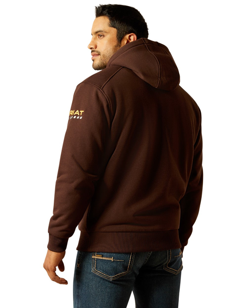 Coffee Bean coloured Ariat Mens Rebar All-Weather Sherpa-Lined Full Zip Hoodie on white background 