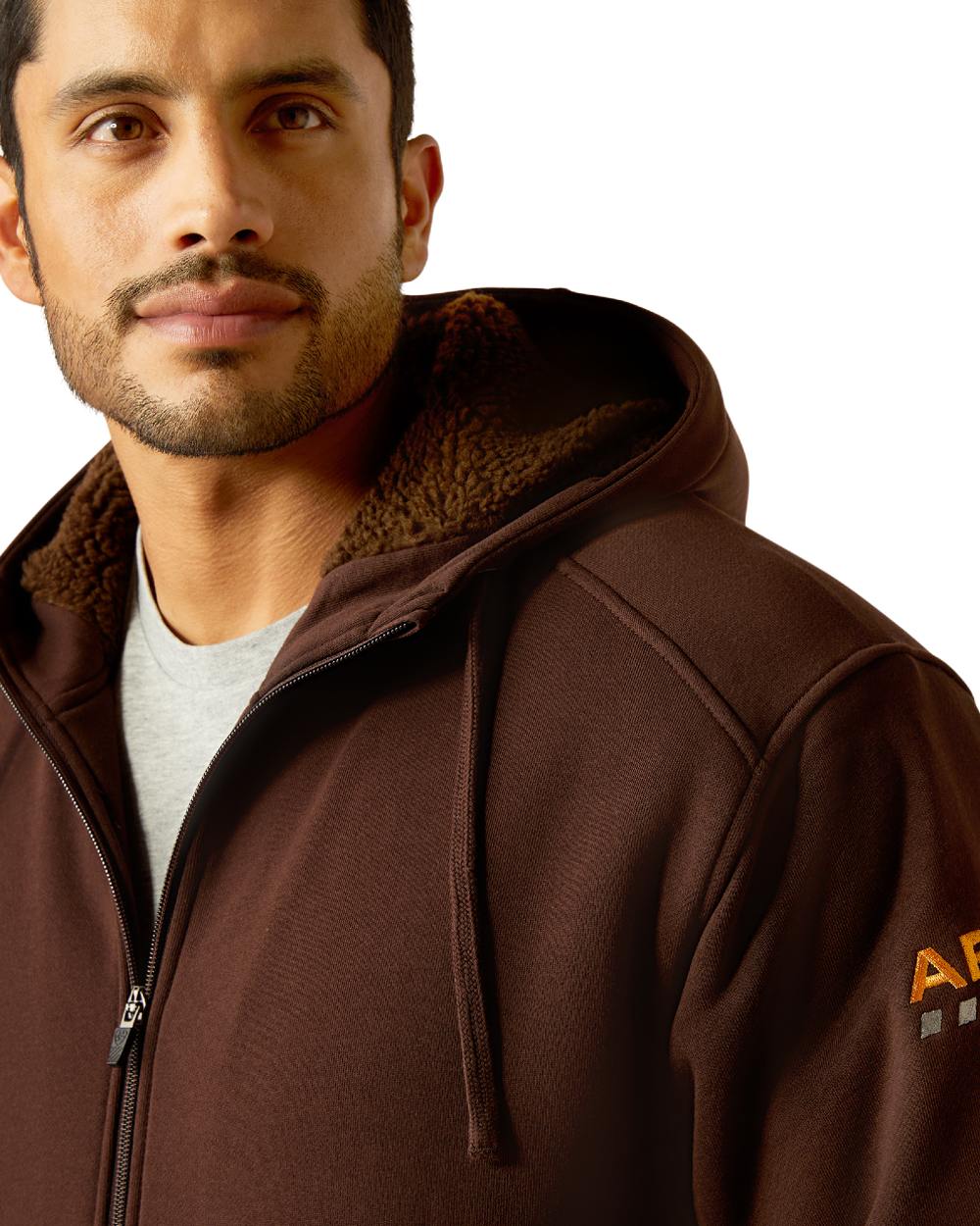 Coffee Bean coloured Ariat Mens Rebar All-Weather Sherpa-Lined Full Zip Hoodie on white background 