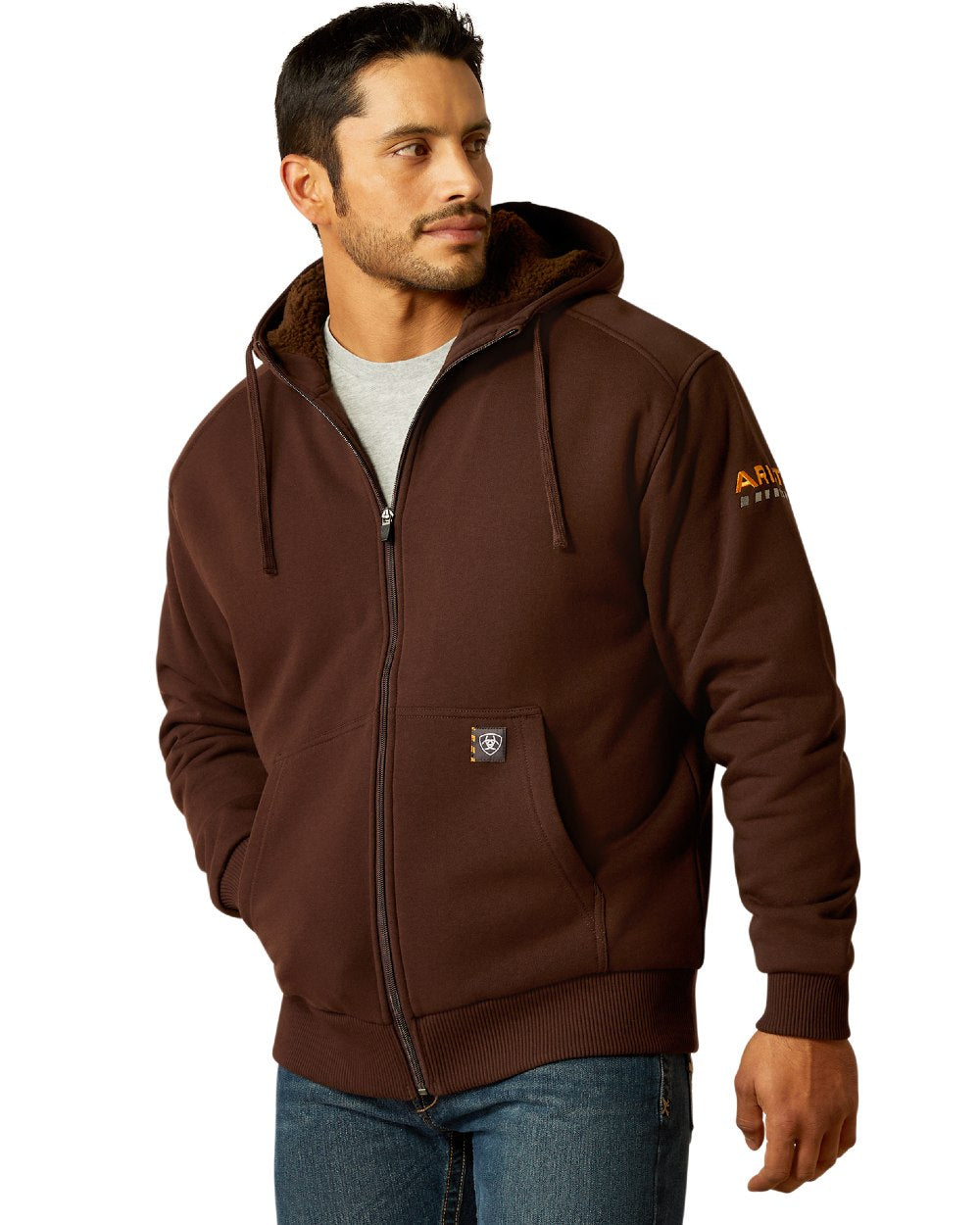 Coffee Bean coloured Ariat Mens Rebar All-Weather Sherpa-Lined Full Zip Hoodie on white background 