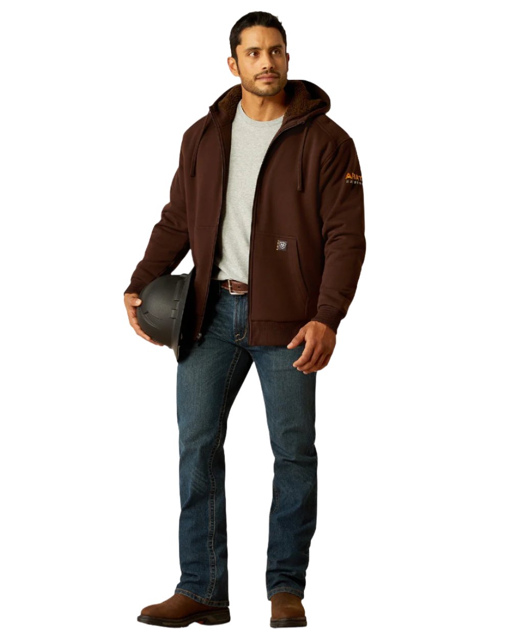 Coffee Bean coloured Ariat Mens Rebar All-Weather Sherpa-Lined Full Zip Hoodie on white background 