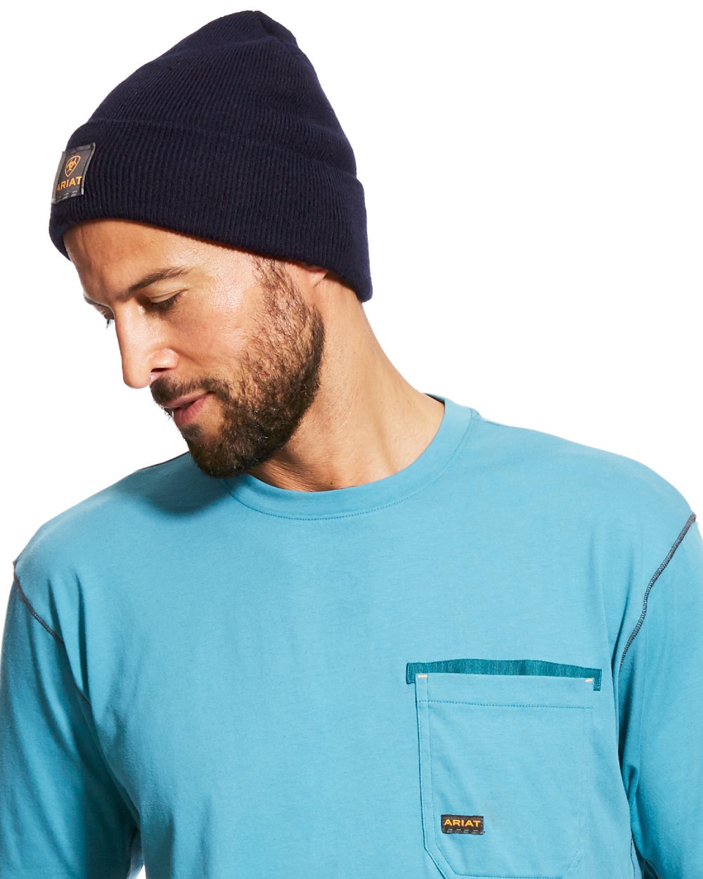 Navy Coloured Ariat Mens Rebar Beanie on white background 