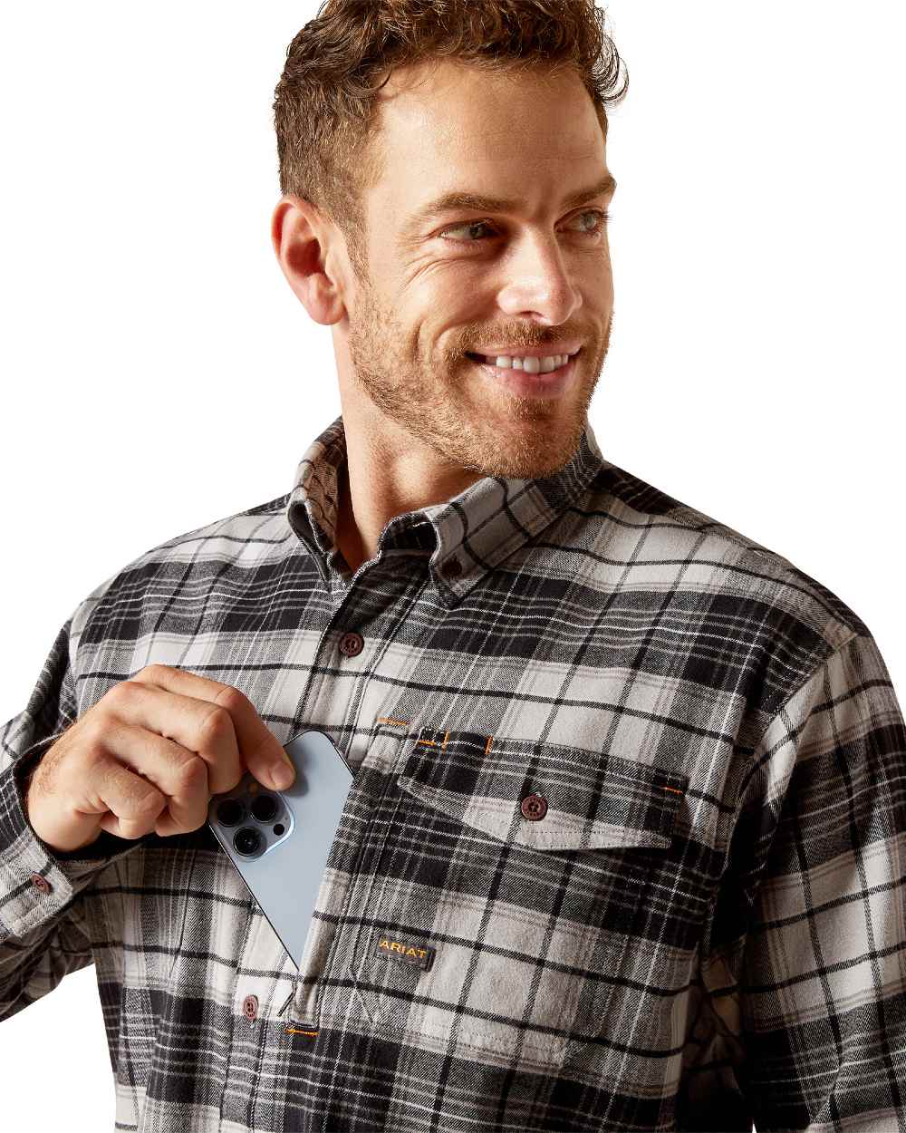 Charcoal Grey coloured Ariat Mens Rebar Flannel Durastretch Long Sleeves Work Shirt on white background 